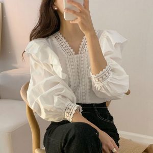 Ruffled Collar Lotus Loose Long Sleeve Shirt