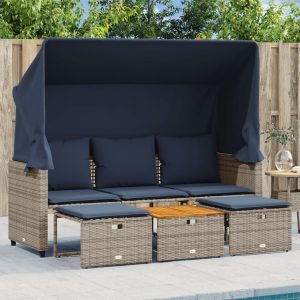 3-seater garden sofa with canopy and stools, grey poly rattan