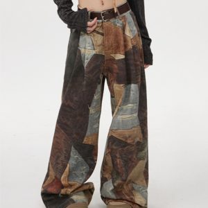Retro Print Wide-leg Jeans For Men And Women Low-rise Pants