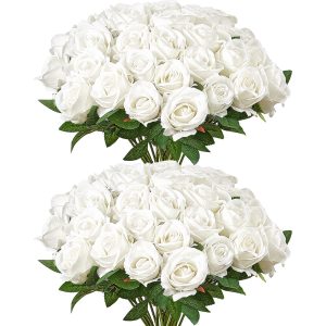 60 Pcs White Roses Artificial Flowers Realistic Bouquet For Xmas Home Decor