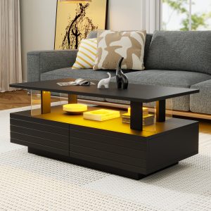 Coffee Table With Open Storage, Centre Table, Sofa Side Table With 2drawers, Rectangle Coffee End Table With LED For Living Room, Office, 100x50x42.5cm, Black,Particleboard  Acrylic