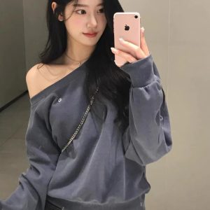 Sloping Exposed Shoulder Chest Small Icon Wool Coil Loose Sweater Women