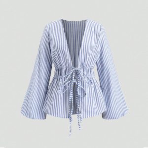 European And American Style Striped Long-sleeve Tie-waist Women's Shirt