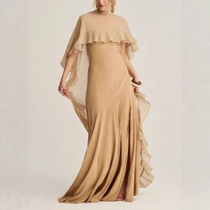 Elegant High-neck Ruffled Cape Gown With Graceful Evening Dress