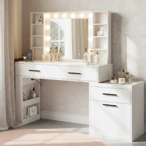 Only Self Pickup--Makeup Vanity Table With LED Mirror & Power Outlet, 3-Drawer Storage Desk With Adjustable Side Cabinet For Bedroom- White