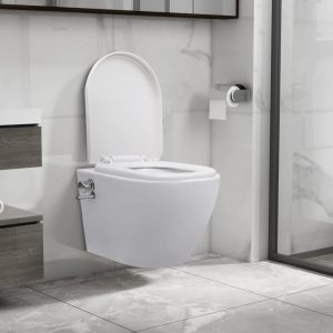 wall-hung toilet without rim and with bidet function, ceramic