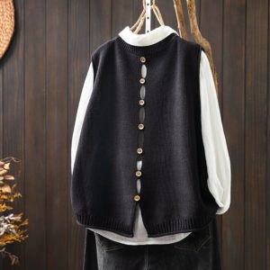 Back Buttoned Cotton Thread Knitted Vest Women