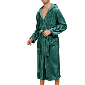 RONGTAI Womens Plush Fleece Hooded Bathrobe, Thick Nightgown Long Robe Sleepwear With Two Side Pockets And Belt
