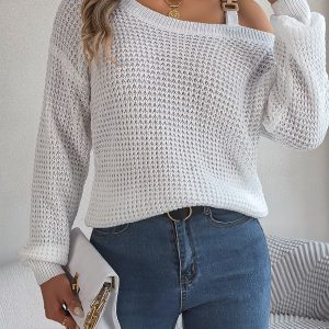 Casual Metal Button Color Block Off-Shoulder Lantern Sleeve Pullover Sweater
