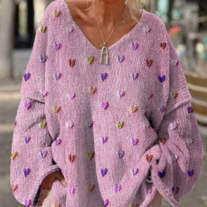 Women's Autumn Winter Lazy Style Loose V-neck Printed Pullover