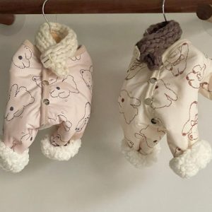 Cute Bear Print Pet Winter Jumpsuit With Knitted Scarf, Padded Dog Onesie With Fleece Cuffs For Cold Weather