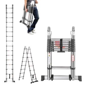 Telescoping Ladder A Frame, 4985mm Stainless Steel Extension Ladder, Multi-Button Retraction Portable Collapsible RV Ladders, 150 Kg Load Telescopic Ladders With Balance Bar For Home, RV, Loft