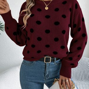 Casual Color Block Polka Dot Long Sleeve Pullover Sweater