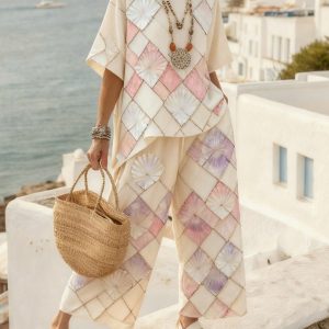 Summer Striped Suits Loose Batwing Sleeve T-shirt And Solid Straight-leg Pants