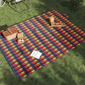 Picnic Blanket Foldable Multicolor Checkered Velvet   Picnic Blanket