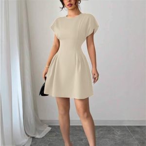 New Elegant Slim-fit Simple Waist-tie Solid Color High-waist Dress