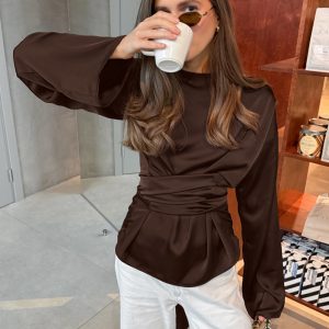 American Vintage Waist-cinching Irregular Slim-fit Long-sleeve Top For Women