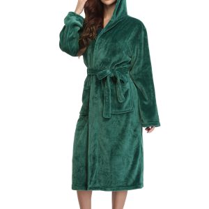 RONGTAI Womens Plush Fleece Hooded Bathrobe, Thick Nightgown Long Robe Sleepwear With Two Side Pockets And Belt