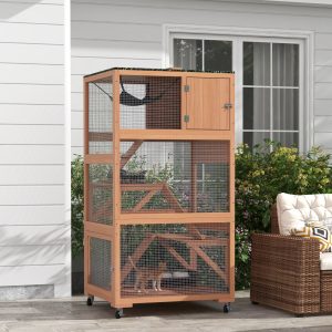 Catio, Outdoor Cat Enclosure House on Wheels with Hammock,