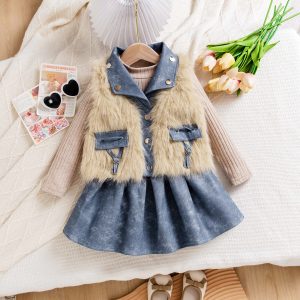 Knitted Sweater Denim Skirt Princess Style Three-piece Set