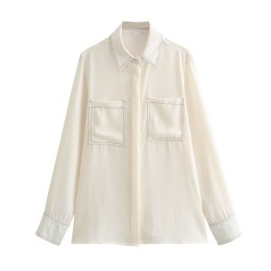 Fashion Versatile Casual Color-blocking Topstitch Decorated Shirt For Women