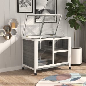 Outdoor Rabbit Enclosure Solid Wood Pet House with a Main Room for Sleeping and a Cage Area for Playing - Indoor/Outdoor