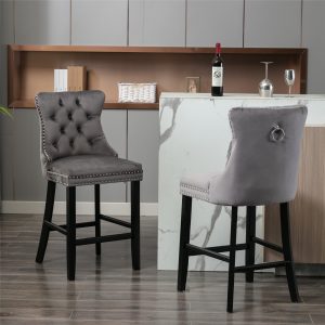 Contemporary Velvet Upholstered Barstools With Button Tufted Decoration And Wooden Legs, And Chrome Nailhead Trim, Leisure Style Bar Chairs,Bar Stools, Set Of 2 Gray,SW1902GY