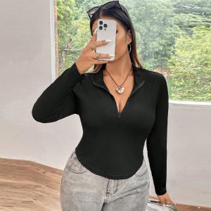 Women's Solid Color Zip-up Long Sleeve Sexy Fitted Top