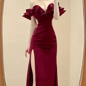 Long Evening Dress Strapless One-shoulder Dress For Women