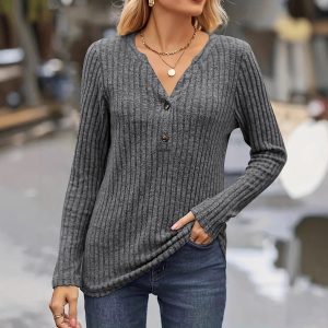 Women's Solid Color V-neck Button-up Top