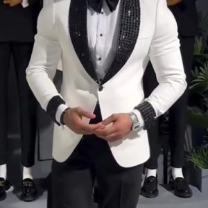White Tuxedo Jacket With Black Sequin Lapel