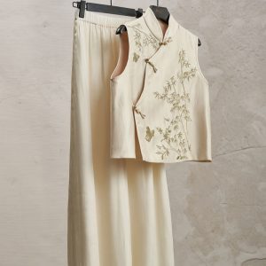 Elegant New Chinese-style Set Bamboo Embroidery Slanted Placket Stand Collar Vest Top