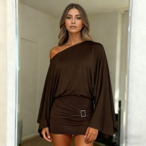 Classical European And American Style Slant Shoulder Loose Bell Sleeve Dress