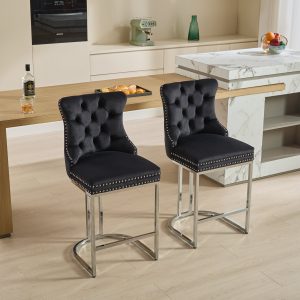 25 Counter Height Bar Stools Set Of 2, Modern Velvet Barstools With Button Back  Rivet Trim Upholstered Kitchen Island Chairs With Sturdy Chromed Metal Base Legs Farmhouse Bar Stools, Black,2 Pack