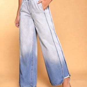 Light Blue Ombre Wide-Leg Jeans With Elastic Waist