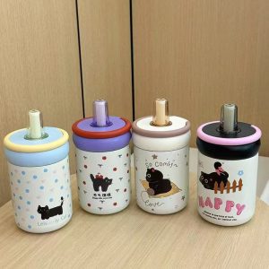 Stainless Steel Cat Double Layer Vacuum Portable Travel Straw Cup