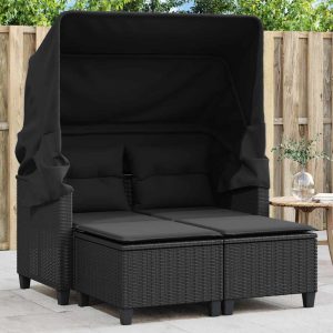 2-seater garden sofa with canopy and stools, poly