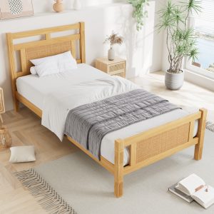 Wooden Bed, 3ft Single Bed 90x190cm, MDF With Rattan Paper, Sturdy Bed Slats, Pine MDF Plywood, Wood Colour