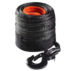 Synthetic Winch Rope, 3/8 Inch X 100 Feet 26,500 Lbs Synthetic Winch Line Cable Rope With Protective Sleeve + Forged Winch Hook + Pull Strap, Universal Fit For SUV, Large Off-Road Vehicle, Truck