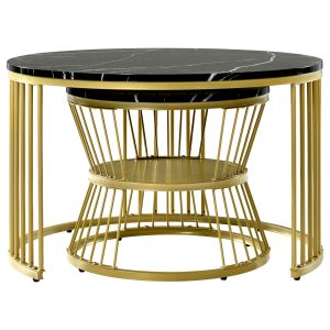 Round Coffee Tables, Removable Set Of 2 End Table, Nesting Tables With Gold Metal Frame Legs And Marble Pattern Top For Living Room, Bedroom, Office, Balcony, Apartment