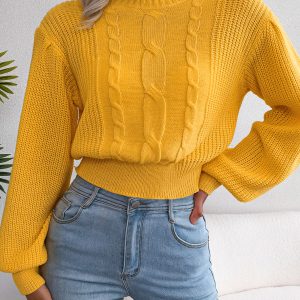 Women Casual Cable Knit Lantern Sleeve Cinched Sweater