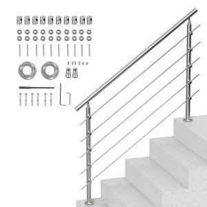 Handrails For Outdoor Steps, 59 In Length 5 Crossbars Stair Hand Rail Kit, Transitional Stainless Steel Railings W/ Installation Kit, Double-column Staircase Handrails For Seniors,Porch & Deck