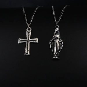 2 Piece Cross And Virgin Mary Necklace Set Men Religious Style Jewelry