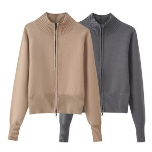Knitted Zipper Versatile Solid Color Semi-high Neck Long Sleeve Cardigan Sweater