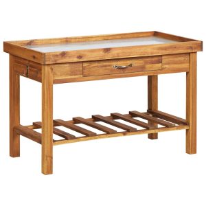 Planting table with zinc worktop, solid acacia wood