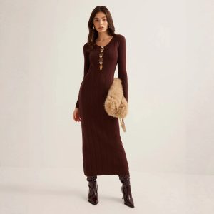 Retro Solid Color V-neck Slim-fit Long Sleeve Hip Knitwear Dress