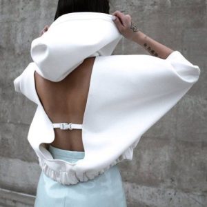 White Oversized Hoodie With Open Back Detail And Dramatic Sleeves