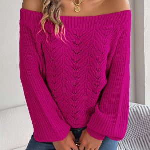 Casual Solid Color Hollow Out Off-Shoulder Lantern Sleeve Sweater