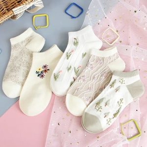 5 Pair Women Flower Pattern Short Socks Comfortable Daily Wear