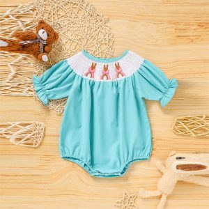 Baby Girl Comforable Bunny Romper Set, Bubble Sleeve Onesie With Bow Rabbit Embroidery